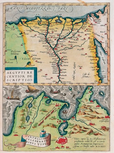 Egyiptom újabb leírása. - Carthage Bay típusú Egyiptom földrajzi térképe a Nílus és Karthágó városaival (Tunézia) Abraham Ortelius (Oertel, Ortell vagy Ortel) Theatrum Orbis Terrarumból alkotó: Abraham Ortelius
