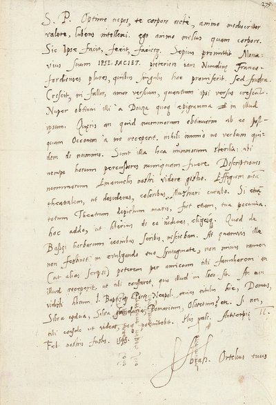 Unokaöccsének, Jacob Coolnak (Jacobus Colius) aláírt autogramlevél, Antwerpen, 1595. február 2. (toll és tinta papíron) alkotó: Abraham Ortelius