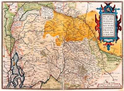 A Hollandiától délre fekvő terület földrajzi térképe germán (Kempeland), amelyet Abraham Ortelius (Oertel, Ortell vagy Ortel) a "Theatrum Orbis Terrarum"-ból vett alkotó: Abraham Ortelius