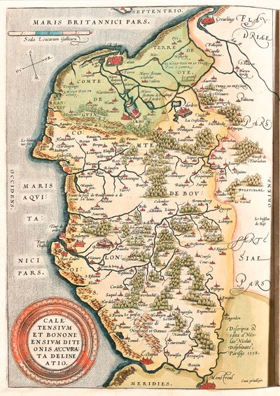 Caletensium et Bononiensium Ditionis Accurata Delineatio Boulonnais terület (Comte de Boulogne), Artois és Francia Flandria (Franciaország) földrajzi térképe, beleértve Calais, Arches, Greuelinge, Etaples és Montreuil helyeit... a „Theatrum Or”-ból átvéve alkotó: Abraham Ortelius