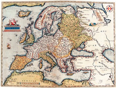 Az európai kontinens leírása. Földrajzi térkép Abraham Ortelius „Theatrum Orbis Terrarum”-ból alkotó: Abraham Ortelius