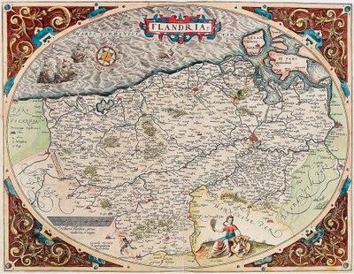 Flandria Földrajzi térkép Flandria területén a Theatrum Orbis Terrarumból, Abraham Orteliustól (Oertel, Ortell vagy Ortel alkotó: Abraham Ortelius