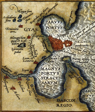 Syracuse (Szicília) egykori kikötője – Abrahm Ortelius „” Atlasz”-jában alkotó: Abraham Ortelius