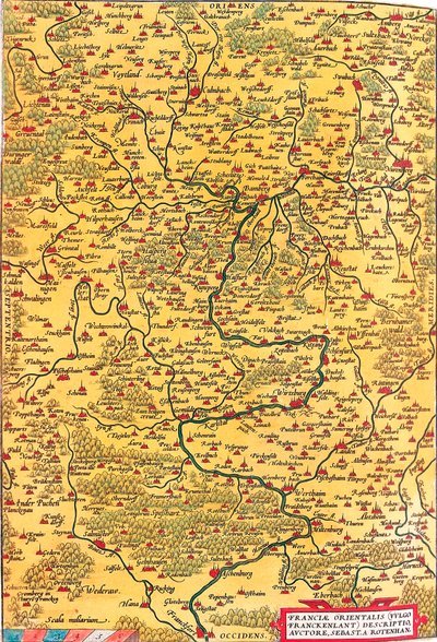 Kelet-Franciaország (Common/Franckenlant) Leírás, szerző, Sebast. A. Rotenhan A németországi Frankföld területének földrajzi térképe Frankfurt városával (egyben Karlstadt városával..) Abraham Ortelius (Oer) "Theatrum Orbis Terrarum"-jából vett alkotó: Abraham Ortelius