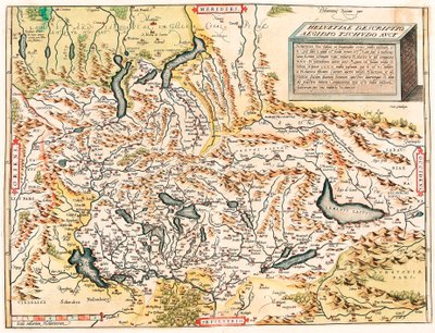 Helvetiae Leírás Aegidius Tschudo Auct. A svájci és francia Alpok földrajzi térképe, beleértve a "Theatrum Orbis Terrarum" tavait, Abraham Orteliustól (Oertel, Ortell vagy Ortel alkotó: Abraham Ortelius