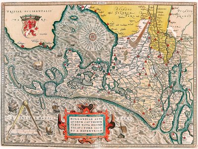 Hollandia antiquorum catthorum sedis nova descriptio, auctore Jacobo a daventria Földrajzi térkép Hollandia területén Amszterdam és Haarlem városaival... átvette Abraham Ortelius (Oertel, Ortell vagy Orte) "Theatrum Orbis Terrarum"-jából alkotó: Abraham Ortelius