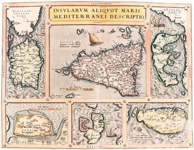 A Földközi-tenger számos szigetének leírása. Szicília, Szardínia, Korfu, Málta, Djerba és Elba Földközi-tenger szigeteinek földrajzi térképe (Szicília, Sardegna, Colfu, Málta Djerba, Elba) Abraham Ortelius (Oertel, Ortell) "Theatrum Orbis Terrarum"-ból alkotó: Abraham Ortelius