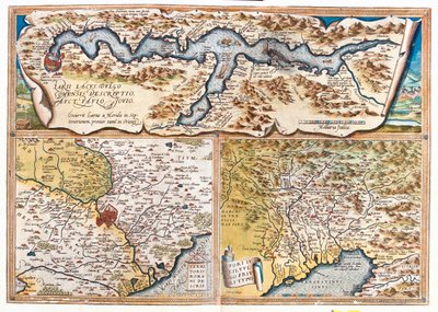 Comói-tó (Olaszország; régió: Lombardia), Róma (Olaszország; régió: Lazio), Trieszt-öböl (Olaszország: Friuli-Venezia Giulia régió; Szlovénia: hagyományos szlovéniai parti régió; Horvátország: Isztria megye). alkotó: Abraham Ortelius
