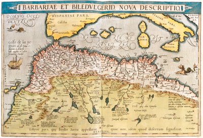 Marokkó, Algéria, Tunézia, Nyugat-Líbia, Nyugat-Szahara, Mauritánia, Szenegál, Mali, Niger. alkotó: Abraham Ortelius
