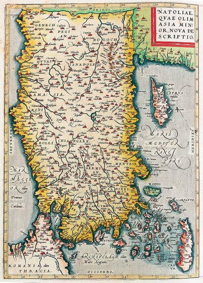 Natolia, Quae Olim Asia Minor Nova Leírás Kis-Ázsia (Isztambul és Törökország, Rodosz és Ciprus szigeteivel) földrajzi térképe Abraham Ortelius (Oertel, Ortell vagy Ortel) "Theatrum Orbis Terrarum"-ból alkotó: Abraham Ortelius