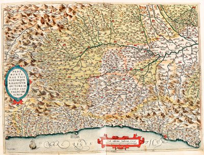 Piemontese és Vicino régiói Olaszország területének földrajzi térképe a franciaországi Monacótól a Genes-ig, valamint Imperia de Savona és Genova tartományokon áthaladva a "Theatrum Orbis Terrarum"-tól, Abraham Orteliustól ( alkotó: Abraham Ortelius