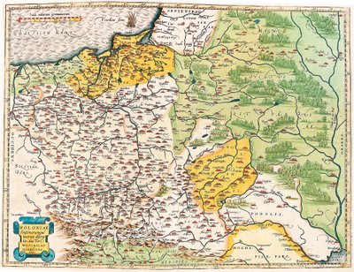Lengyelország és szomszédos helyeinek leírása. Lengyelország földrajzi térképe Abraham Ortelius (Oertel, Ortell vagy Ortel) "Theatrum Orbis Terrarum"-ból alkotó: Abraham Ortelius