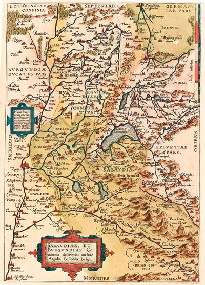 Savoya és Burgundia leírása Burgundia és Savoya (Pontarlier, Dijon, Lac Leman és Svájc) földrajzi térképe Abraham Ortelius (Oertel, Ortell vagy Ortel) "Theatrum Orbis Terrarum"-jából alkotó: Abraham Ortelius