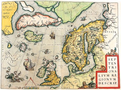Leírás. Skandinávia és Észak-Európa földrajzi térképe Abraham Ortelius (Oertel, Ortell vagy Ortel) Theatrum Orbis Terrarumból alkotó: Abraham Ortelius