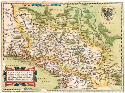 Szilézia Típusleírás és leírás és szerkesztette: Martin Heilwid Neilsense és nemes férj, Nicolas Rhedinger Anno 1561 A németországi Frankfurttól délre fekvő terület földrajzi térképe Lengyelország közelében, Abraham Ortelius "Theatrum Orbis Terrarum"-jából alkotó: Abraham Ortelius