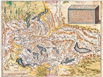 Svájc, Németország (tartomány: Baden-Württemberg, Bajorország), Ausztria (tartomány: Voralberg), Liechtenstein, Olaszország (régió: Trentino-Alto Adige, Lombardia, Piemont, Aosta-völgy), Franciaország (régió: Franche-Comté, Rhône-Alpes, Alsace), alkotó: Abraham Ortelius