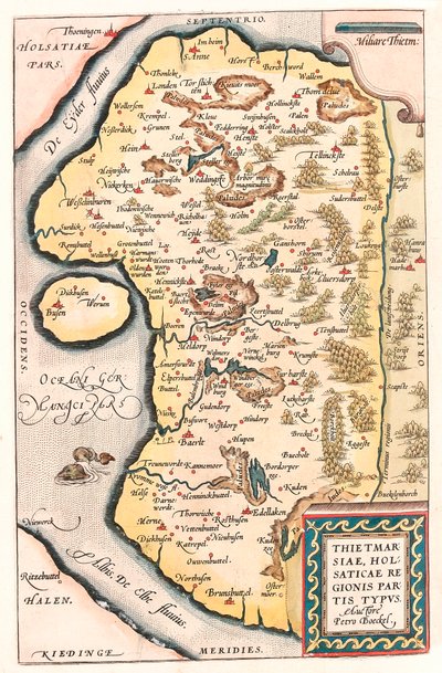 Thietmarsiae, Holsaticae regionális pártok typus Észak-Németország földrajzi térképe Kuden városával, amelyet Abraham Ortelius (Oertel, Ortell vagy Ortel) "Theatrum Orbis Terrarum"-jából vett. alkotó: Abraham Ortelius
