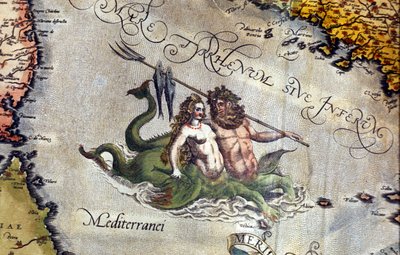 Triton és sziréna a Földközi-tengeren. "Theatrum Orbis Terrarum", Abraham Ortelius, Antwerpen 1584 alkotó: Abraham Ortelius