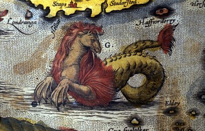 egy tengeri szörnyeteg ábrázolása lovam, tengeri kígyóm. Tányér Abraham Ortelius (1527-1598) térképész "Theatrum Orbis Terrarum" kiadásából alkotó: Abraham Ortelius