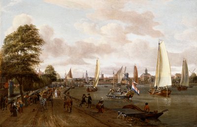 Panorámás kilátás Amszterdamra egy bárkával és kishajókkal a Buiten-Amstelen, alkotó: Abraham Storck