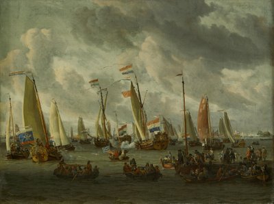 A moszkvai követség tiszteletére rendezett ál-tengeri csata az IJ-en (1697. szeptember 1.) alkotó: Abraham Storck