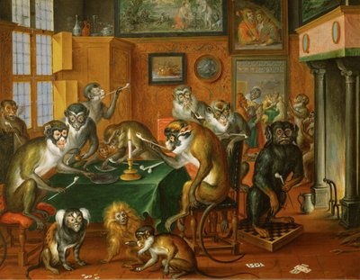 Tabakskollegium von Affen -Smoking party of monkeys ... (olaj, réz) alkotó: Abraham Teniers