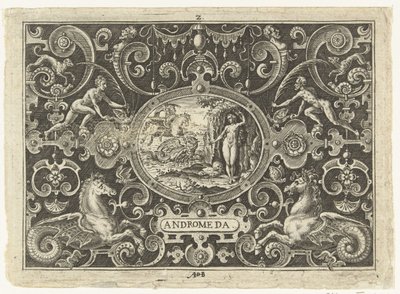 Cartouche: Perseus kiszabadítja Andromédát Ovális kartuszok Perseus életének jeleneteivel groteszkek keretein belül (sorozat címe) Androméda (cím az objektumon) alkotó: Abraham de Bruyn