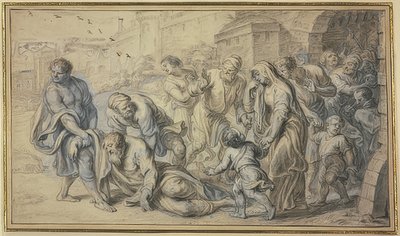 Öreg embert emelnek fel a földről egy város falai előtt a lakók alkotó: Abraham van Diepenbeeck