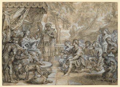 Egy hermelinpalástos, jogart tartó királynő (Szemiramisz?) trónon, előtte férfiak és nők csoportja térdel alkotó: Abraham van Diepenbeeck