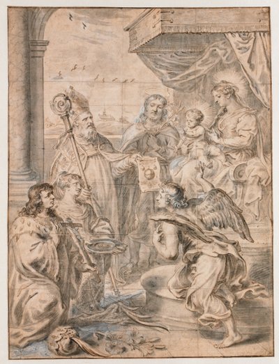 Szűz és gyermek a trónon, akiket három szent imád alkotó: Abraham van Diepenbeeck