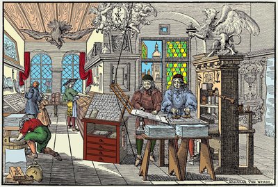 Nyomda belseje Nürnbergben, Németországban: munkások munka közben, 17. század eleje - grav. Írta: Abraham van Werdt. alkotó: Abraham van Werdt