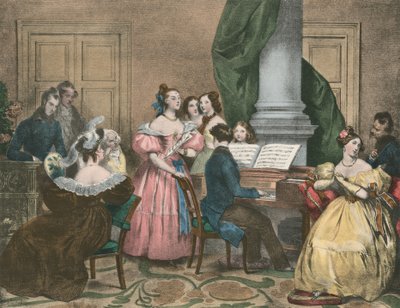 Soiree Musicale, Zenés estély (színes litográfia) alkotó: Achille (after) Deveria