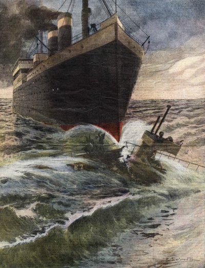 Egy német transzatlanti felborítja és összetöri az angol flotta tengeralattjáróját Dover partjainál – Beltrame illusztrációja – „” La Domenica del Corriere”” 1912. október alkotó: Achille Beltrame