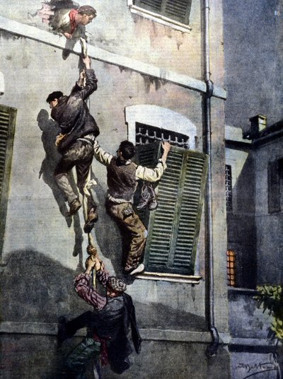 Négy rab merész szökése az asti börtönből, miután áttörték a falat. Beltrame rajza. La Domenica del Corriere. 1902 alkotó: Achille Beltrame