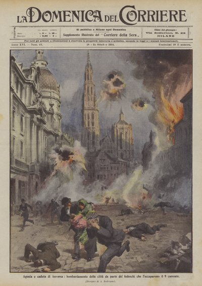 Antwerpen gyötrelme és bukása, a város bombázása a 9.-et megszálló németek által alkotó: Achille Beltrame