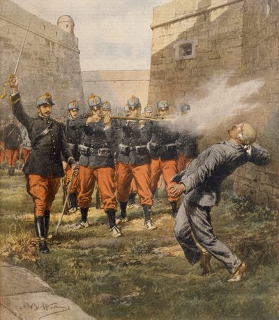 Francesco Ferrer anarchista lőosztag halála a barcelonai börtönben, Achille Beltrame, illusztráció, illusztrátor Achille Beltrame (1871-1945), La Domenica del Corriere, 1909. október alkotó: Achille Beltrame
