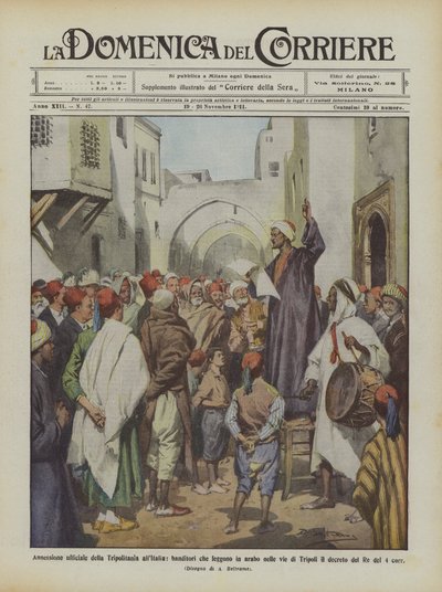 Tripolitánia hivatalos annektálása Olaszországhoz, az aukciósok arabul olvasnak az utcákon? alkotó: Achille Beltrame