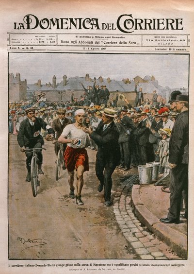 Dorando Pietri (1885-1942) érkezése maratonon, londoni olimpia, Achille Beltrame illusztrációja a La Domenica del Corriere-ből, augusztus 2-9. alkotó: Achille Beltrame