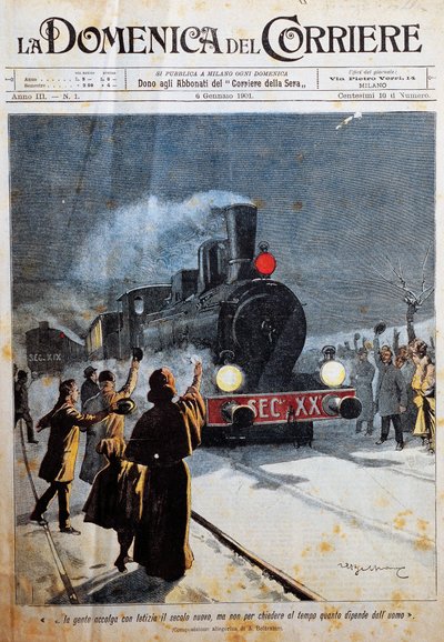 Az új évszázad érkezése, az emberek örömmel fogadják az új évszázadot, Achille Beltrame (1871-1945) illusztrációja a La Domenica del Corriere-ből, január 6. alkotó: Achille Beltrame
