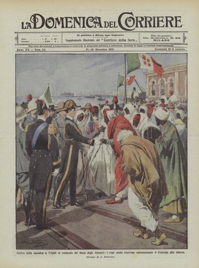 A csapat érkezése Tripoliba Abruzzi hercegének parancsnoksága alatt, az arab vezetők fogadják? alkotó: Achille Beltrame