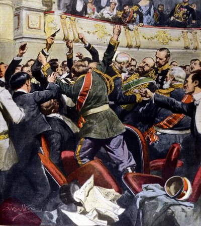 Támadás Sztolipin orosz miniszter ellen a kijevi városi színházban. Illusztráció: Beltrame alkotó: Achille Beltrame