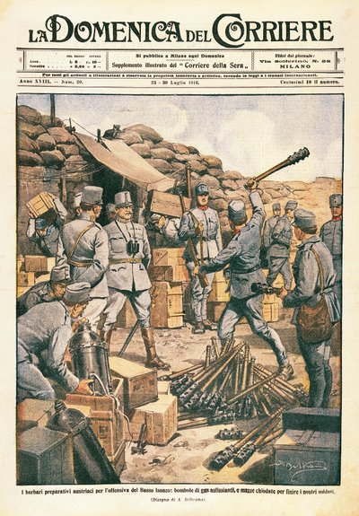 Osztrák barbárok készülnek az offenzívára az Alsó-Isonzón, illusztráció a La Domenica del Corriere-ből, július 23. alkotó: Achille Beltrame