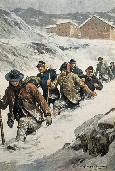 BELTRAME, Akhilleusz (1871-1945). Olasz munkások átkelnek a Szent Bernát-hágón Aosta és Svájc között. A „La Domenica del Corriere” borítója”. 1904.02.14. Litográfia. alkotó: Achille Beltrame