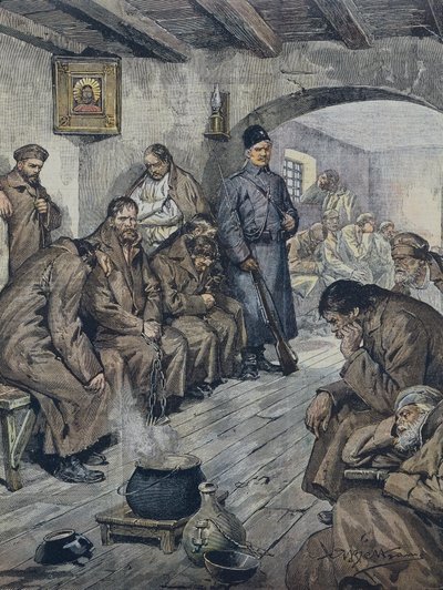 BELTRAME, Akhilleusz (1871-1945). Orosz foglyok éhségsztrájkot folytatnak tuberkulózisos társaik szabadságáért. Illusztráció: A. Beltrame, La Domenica of Corriere, június 19 alkotó: Achille Beltrame