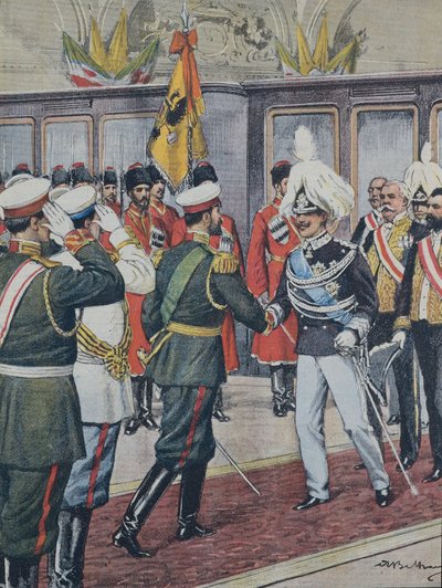 BELTRAME, Akhilleusz (1871-1945). Viktor Emmanuel III (1869-1947). olasz király (1900-1946); Miklós II. Oroszország cárja (1894-1917). OROSZORSZÁG. A cár Peterhofban fogadja III. Viktória Emmánuel olasz királyt. A. Beltrame illusztráció. A Domenica a C alkotó: Achille Beltrame