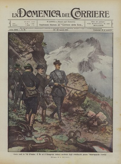 Királyi vadászatok Val dAosta-ban, a király és a német kronprinz kecskeféléket öl meg Valsavaranche (Aosta) közelében alkotó: Achille Beltrame