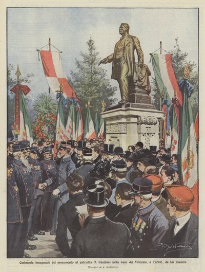 G Candiani hazafi emlékművének avatóünnepsége a Casa dei Veteraniban, Turate-ban, amelyet ő alapított. alkotó: Achille Beltrame
