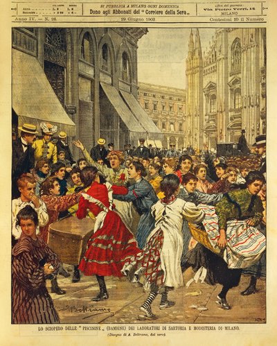 Gyermeksztrájk, mint Piscinine a milánói ruha- és kalapos műhelyekben, Achille Beltrame, illusztráció, Achille Beltrame (1871-1945) illusztrátor, La Domenica del Corriere, 1902. június 29. alkotó: Achille Beltrame