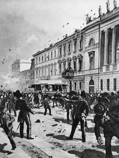Összecsapás tüntetők és rendőrök között Milánóban, a Corso Venezián, a Palazzo Saporiti előtt, május 7. alkotó: Achille Beltrame