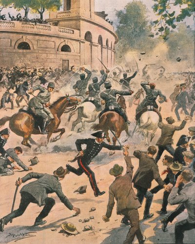Összecsapások az Aréna előtt a milánói általános sztrájk során, Achille Beltrame illusztrációja a La Domenica del Corriere-ből, 1914. június alkotó: Achille Beltrame
